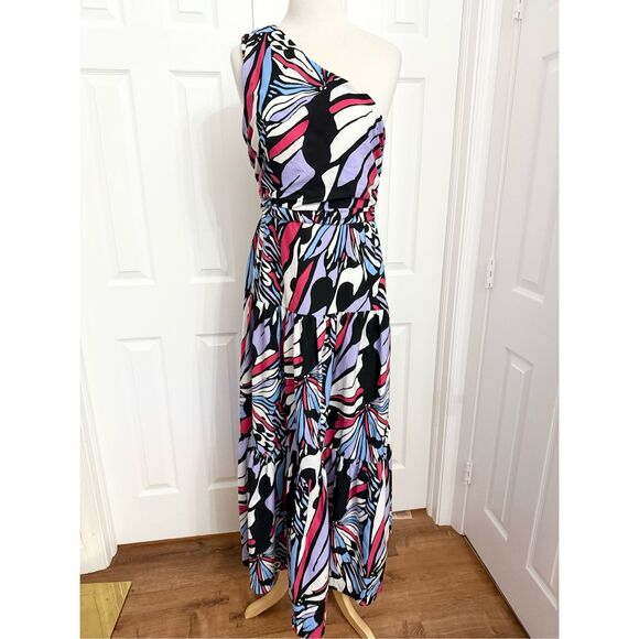 Maeve by Anthropologie Butterfly Multicolor Printed One Shoulder Maxi Dress 10 - Picture 1 of 6